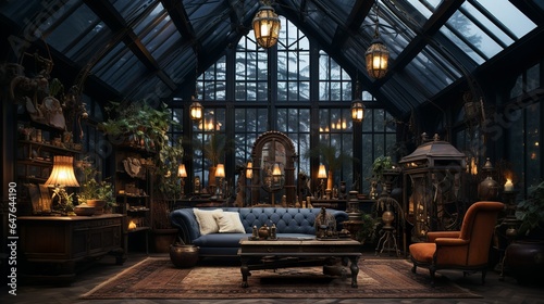 Dark victorian greenhouse mansion with industrial frames in steampunk style