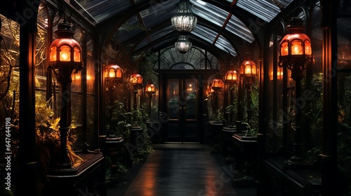 Dark victorian greenhouse mansion with industrial frames in steampunk style