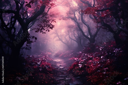 Enchanted woods. Magical ambiance. Otherworldly realm. Mysterious mist. Spooky woodland with crimson foliage. Wallpaper backdrop. Generative AI