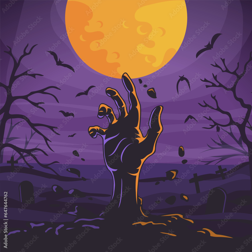 A zombie hand sticks out of the ground in a cemetery with bats on the background of the moon.