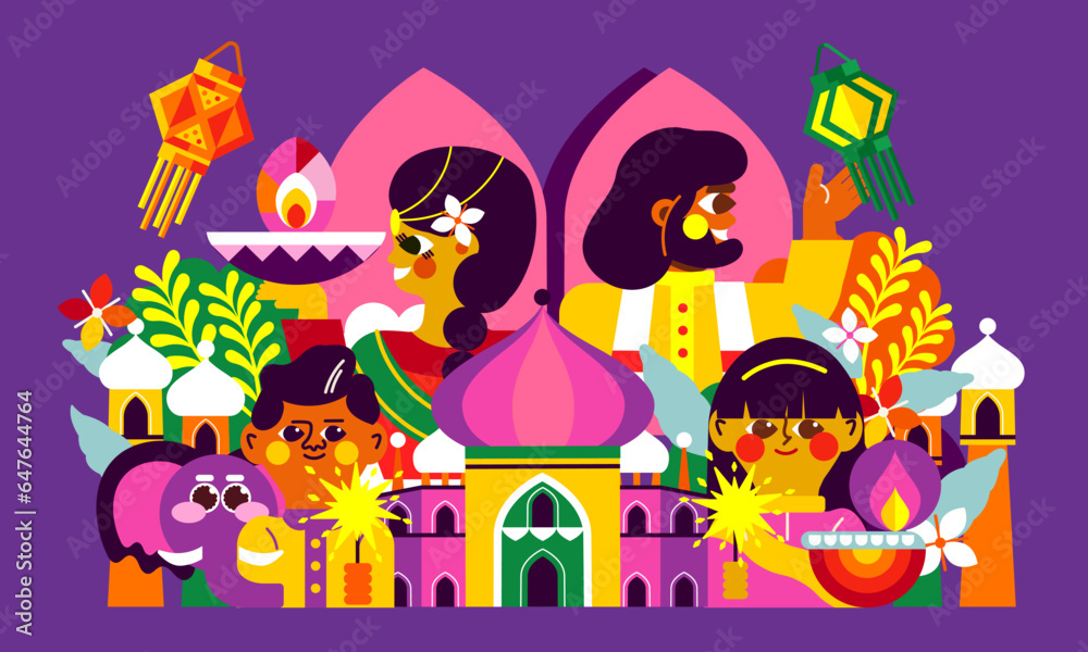 Get into the Diwali celebration with this modern illustration! Cheerful, smiling Indian couple, their children and a sea of ​​lights. Experience the essence of Diwali in one design!