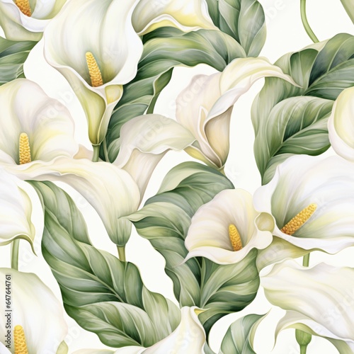 Elegant White Calla Lily Seamless Pattern for Wedding Designs and Botanical Textile Prints, Flower Background Romantic Floral Texture with Vintage Elegance