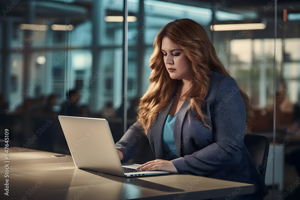Plus size managers woman working with a laptop computer at desk in office, CEO Businesswoman, Big boss, Fat female employee officer, Generative AI Plus size managers woman working with a laptop computer at desk in office, CEO Businesswoman, Big boss, Fat female employee officer, Generative AI