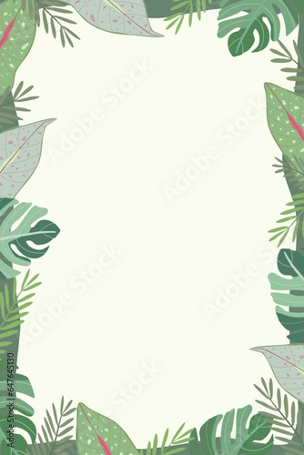 Vector - Beautiful border or frame with green leaves. Philodendron, fern. Copy space.