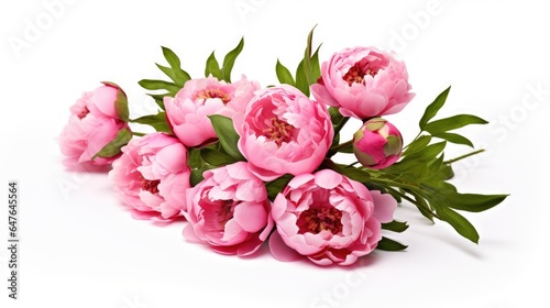 Set of pink peonies isolated on white. Pink flowers with leaves and bouquet of peonies. on white background