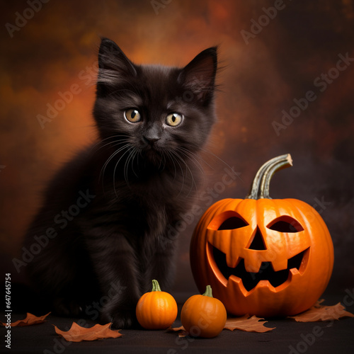 Fotografia de adorable gatito de color negro junto a una calabaza decorada de estilo Halloween © Iridium Creatives
