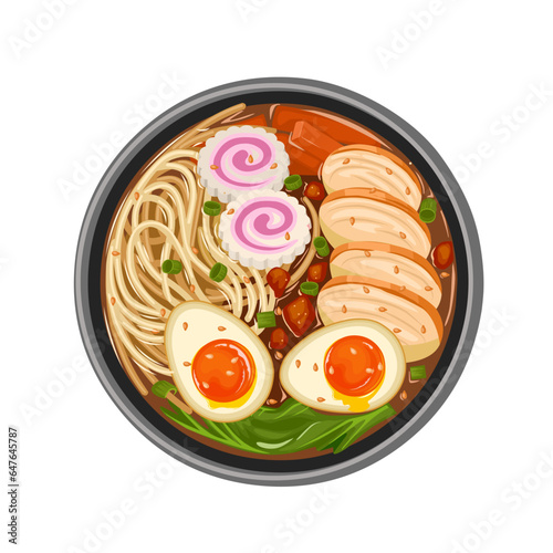 Vector illustration, top view of Japanese ramen, topped with sliced meat, narutomaki, boiled egg Ajitsuke Tamago or Ajitama, and sliced spring onions, isolated on white background. photo