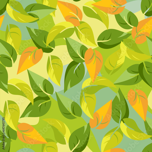 Seamless pattern with colorful autumn leaves. Leaf fall of cartoon style on abstract spots background  saturated yellow green and orange colors. Vector print for season design  wallpaper or textile.