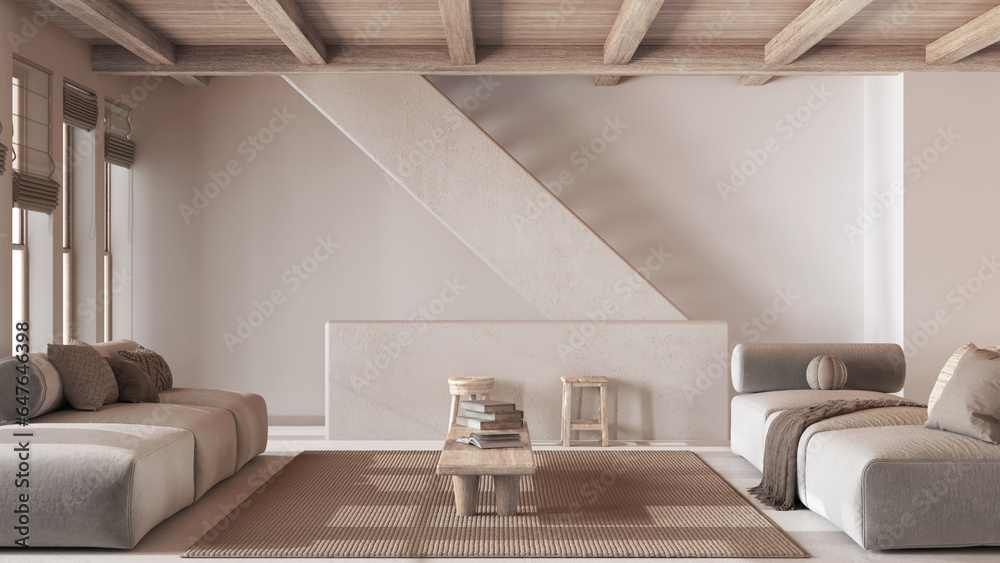 Minimal living room in white and beige tones with bleached wooden beams ceiling. Sofa with coffee table and staircase. Japandi mediterranean interior design - obrazy, fototapety, plakaty 
