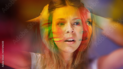 bipolar disorder people emotion mental woman. Close-up photo of a young beautiful sad woman suffering from multiple personality disorders.