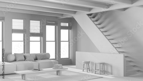 Total white project draft, minimal modern living room with wooden beams ceiling. Sofa with coffee table and staircase. Japandi luxury interior design