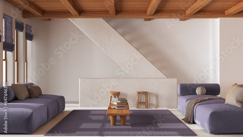 Minimal living room in white and purple tones with wooden beams ceiling. Sofa with coffee table and staircase. Japandi mediterranean interior design