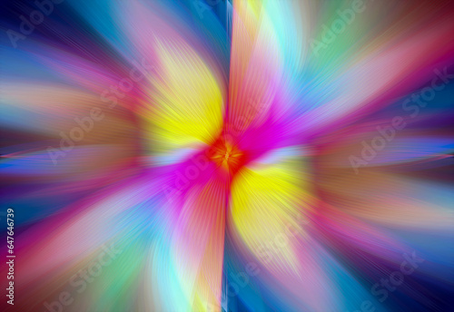 Abstract multicolored zoom effect background. Digitally generated image. Rays of versicolor light. Colorful radial blur  fast speed zooming motion  sunburst or starburst. Use for Banner Background