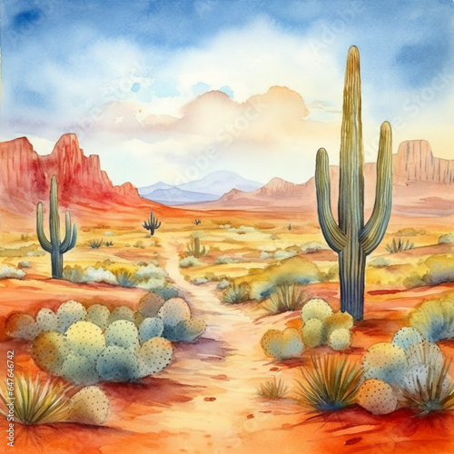 広大な砂漠とサボテンの水彩イラスト