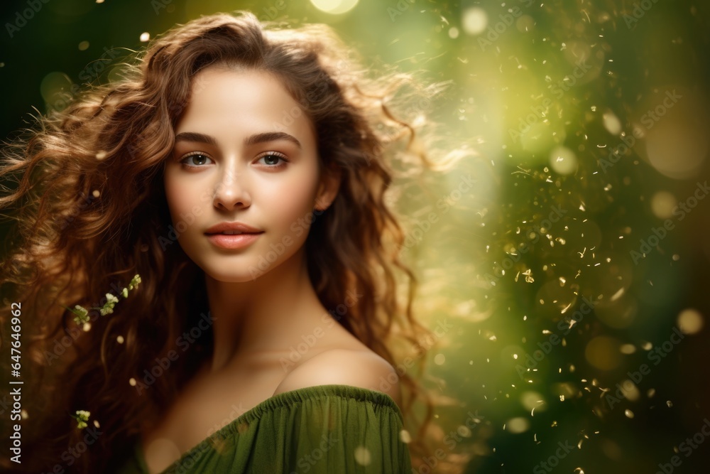 Portrait of a pretty brown girl with curly hair wearing a green dress against a background of falling flower petals. Portrait of a pretty brown girl with curly hair wearing a green dress against a background of falling flower petals.