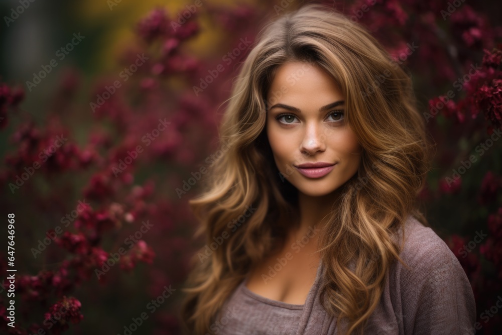 Naklejka premium Portrait of an adorable brown-haired girl against a background of purple flowers.