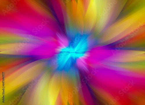 Abstract multicolored zoom effect background. Digitally generated image. Rays of versicolor light. Colorful radial blur, fast speed zooming motion, sunburst or starburst. Use for Banner Background © Aniebert