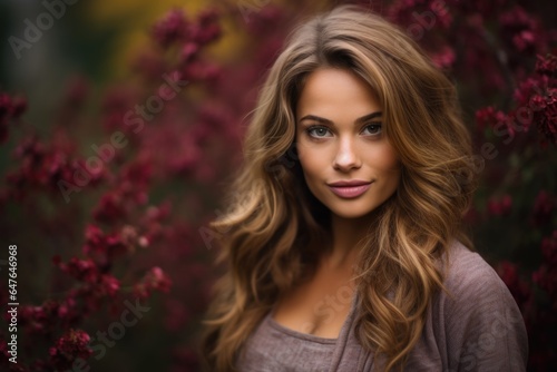 Portrait of an adorable brown-haired girl against a background of purple flowers.