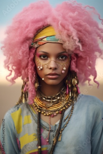 A vibrant woman stands out with her unique style, wearing a yellow outfit and adorned with a pink hairpiece and jewelry, creating an eye-catching look