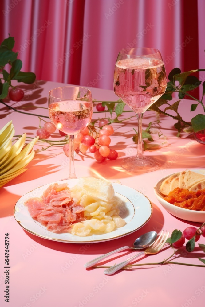 On the beautifully laid table, a colorful array of cuisine is presented, accompanied by gleaming tableware and sparkling stemware, creating an inviting atmosphere for a luxurious dinner