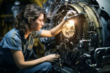 Mechanic woman motor job working industrial