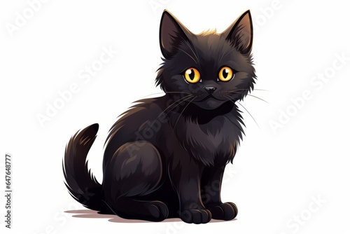 Black cat with yellow eyes full body, cartoon illustration
