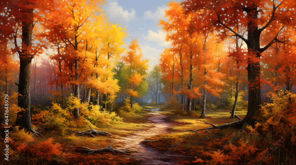 Celebrate the colors of autumn in this highly detailed image. It captures a forest ablaze with fiery red, orange, and yellow leaves.