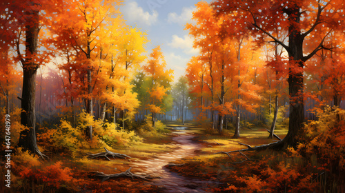 Celebrate the colors of autumn in this highly detailed image. It captures a forest ablaze with fiery red  orange  and yellow leaves.