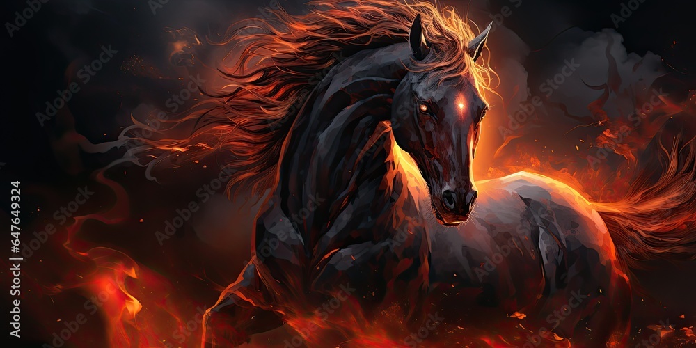 A black horse, a ghost, a flowing black mane, fierce, flaming red eyes, is engulfed in flames. Generated by AI. A black horse, a ghost, a flowing black mane, fierce, flaming red eyes, is engulfed in flames. Generated by AI.