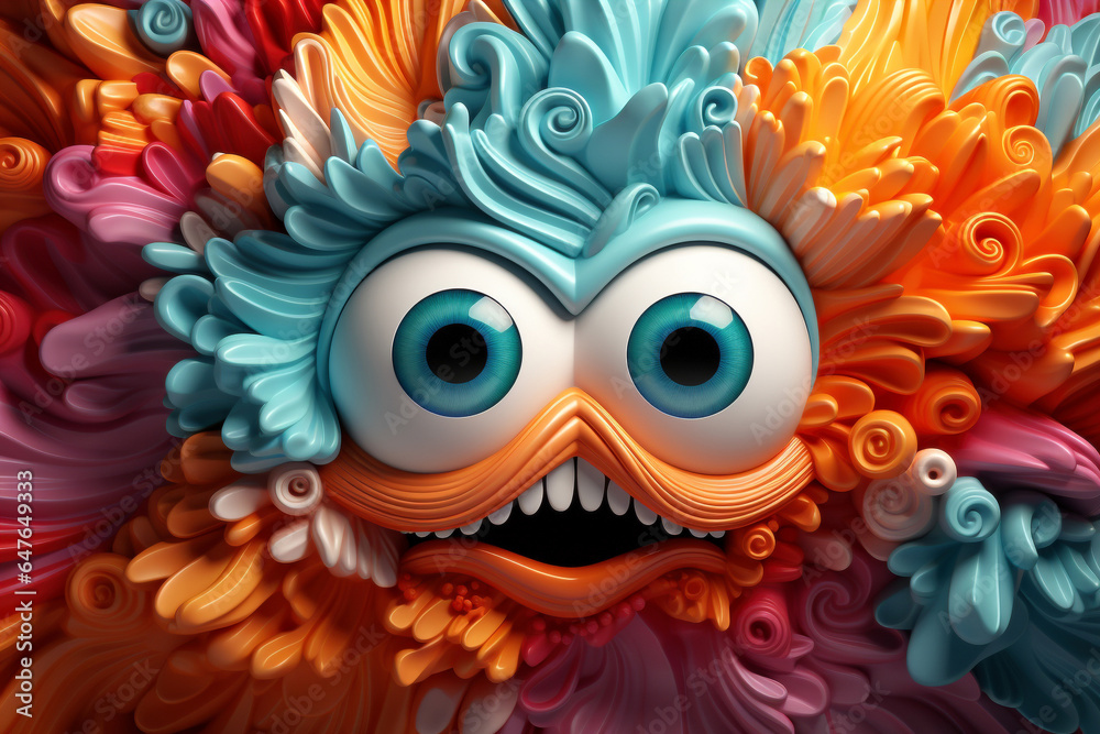 3d illustration of funny cartoon monster with eyes and mouth on colorful background