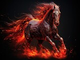 A black horse, a ghost, a flowing black mane, fierce, flaming red eyes, is engulfed in flames. Generated by AI.