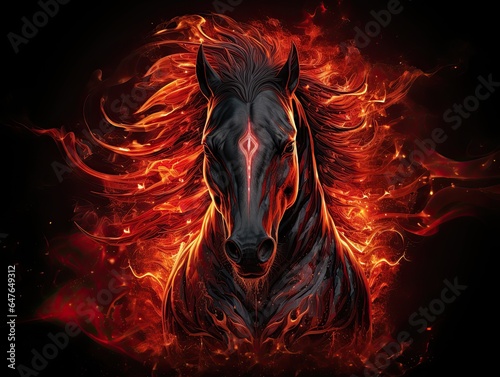 A black horse, a ghost, a flowing black mane, fierce, flaming red eyes, is engulfed in flames. Generated by AI.