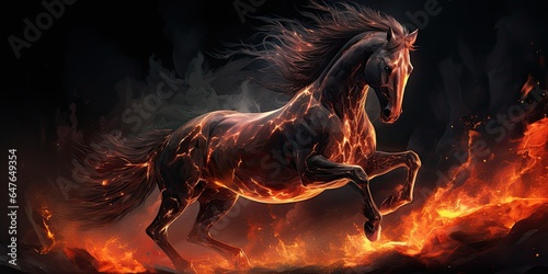 A black horse, a ghost, a flowing black mane, fierce, flaming red eyes, is engulfed in flames. Generated by AI. © index74