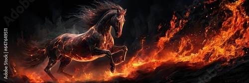 A black horse, a ghost, a flowing black mane, fierce, flaming red eyes, is engulfed in flames. Generated by AI. © index74