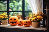 Halloween pumpkins on white windowsill