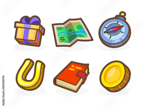 Game casual icons for your app. Bright remarkable UI elements. Good for animation. Map, compass, book and others. Vector illustration for your business.