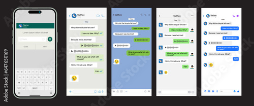 Smart Phone chatting messenger and SMS template bubbles.Vector chatting screen in mobile communication illustration. Chat app template. Modern realistic white and black smartphone. Vector.