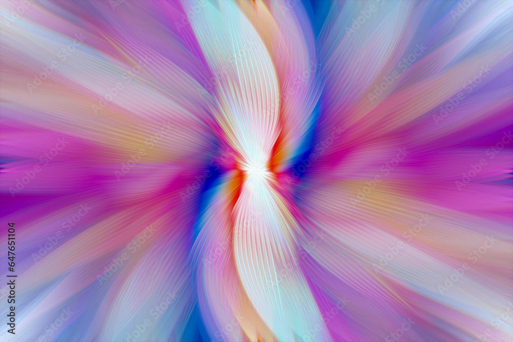 Abstract multicolored zoom effect background. Digitally generated image. Rays of versicolor light. Colorful radial blur, fast speed zooming motion, sunburst or starburst. Use for Banner Background