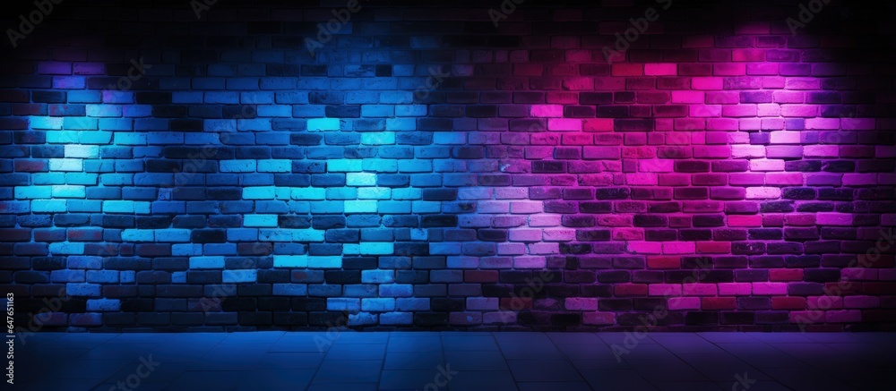 Brick wall with neon lights in abstract pattern Dark and colorful background concept
