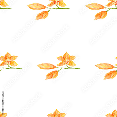 Orchids pattern in watercolor. Tropical floral pattern, orange phalaenopsis. Exotic plant botanical pattern hand drawn for textiles, printing