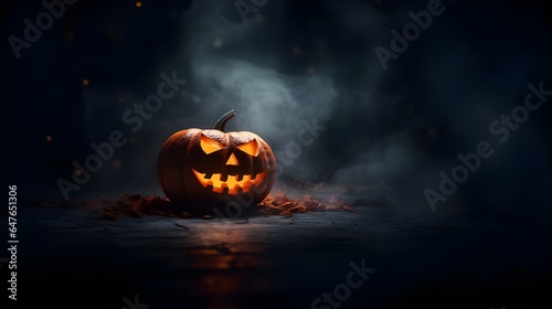 Scary pumpkin or jack-o'-lantern on the dark background with white smoke. Halloween concept.