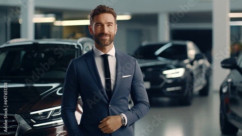 Man adult customer male buyer client wears classic suit white shirt chooses auto wants to buy new automobile touch check car in showroom vehicle salon dealership store motor show indoor. Sales concept