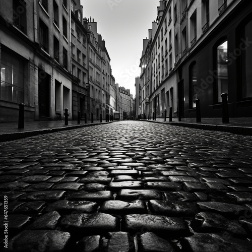 Fotografia de calle adoquinada con edificios clasicos, en blanco y negro