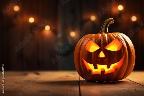 Illuminated Halloween Carved Pumpkins on wooden table