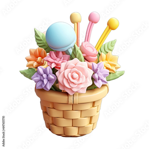 Flowers in basket 3d icon pastel color isolated on transparent background Png V2 photo