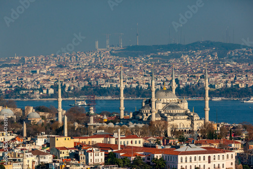 Aerial view of Blue Mosque and Bosphorus, Istanbul, Turkey.