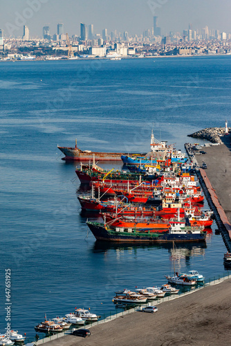 Aerial view of refueling ships docked in Yenikapi on the Marmara Sea coast of Istanbul, Turkey. photo