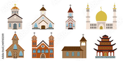 Set isolated religious buildings. Different churches, pagoda, synagogue, mosque. Spiritual architecture collection. Flat vector illustration on white background.
