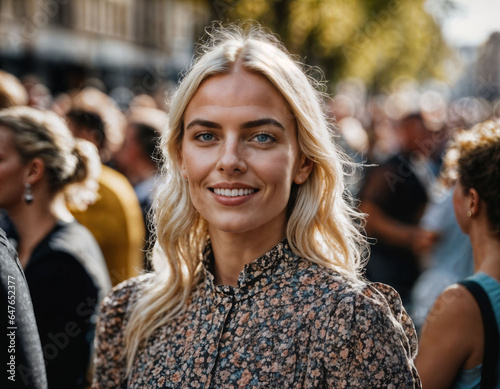 photo of beautiful woman at parade street in Europe country, generative AI