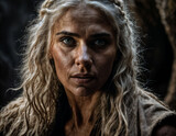 photo of of strong cavewoman inside dark cave, generative AI